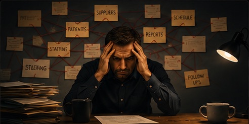 A dentist at a desk with his head in his hands, behind him a wall of pinned notes linked by red string