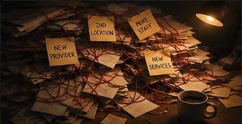A pile of paperwork tangled in red string, tagged new provider, second location and more staff
