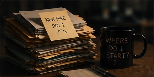 A tall stack of onboarding paperwork beside a mug reading βWhere do I start?β