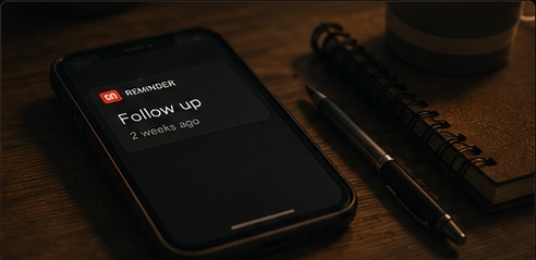A phone showing a follow-up reminder from two weeks ago, still unactioned