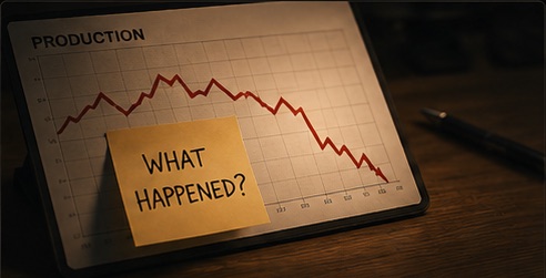 A production chart trending sharply downward with a sticky note reading βWhat happened?β