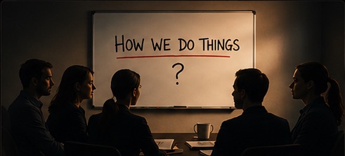 A team seated around a table facing a whiteboard that reads βHow we do things?β